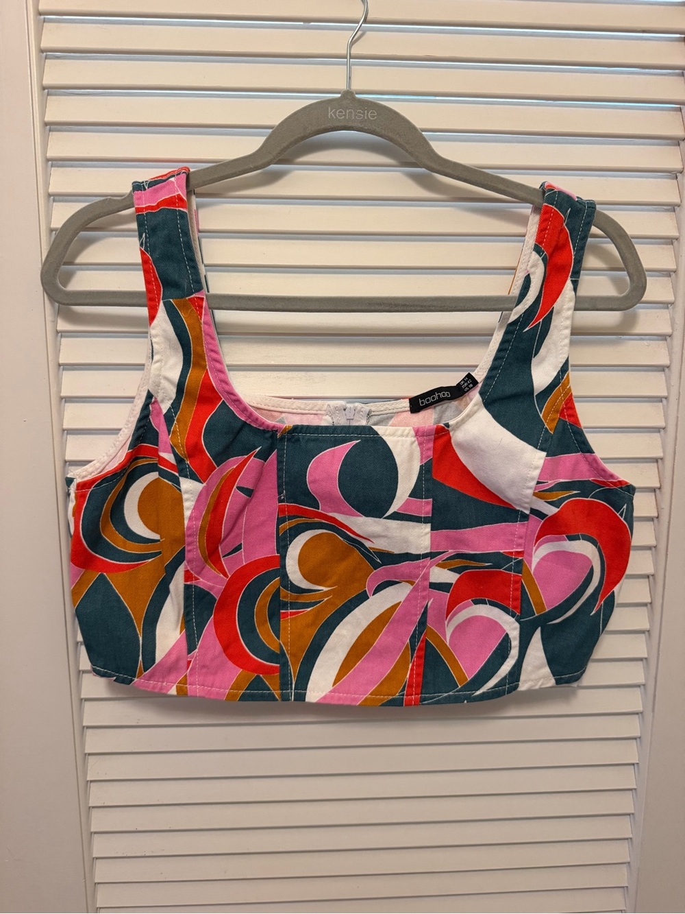 Boohoo Multicolor Retro Swirl Crop Top — Pink, Red, Teal, Mustard, White